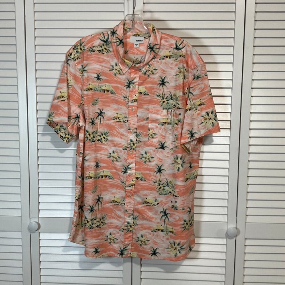 Sonoma Peach Tropical Hawaiian Camp Collared Short Sleeve Shirt Men XL